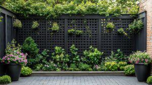 Black lattice fence with potted plants and lush greenery in a backyard patio setting