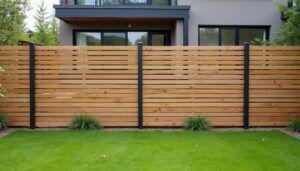 Modern wooden horizontal fence with sleek black posts framing a vibrant green lawn