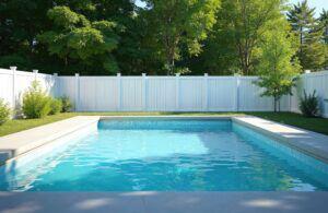 White vinyl pool fence around a pool