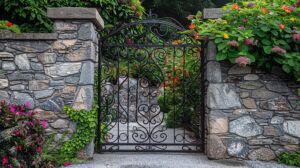 A contemporary wrought iron garden gate with a minimalist wave design, set against a stone wall with creeping ivy and bright flowers.