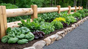 Wood Border fence around a lush garden