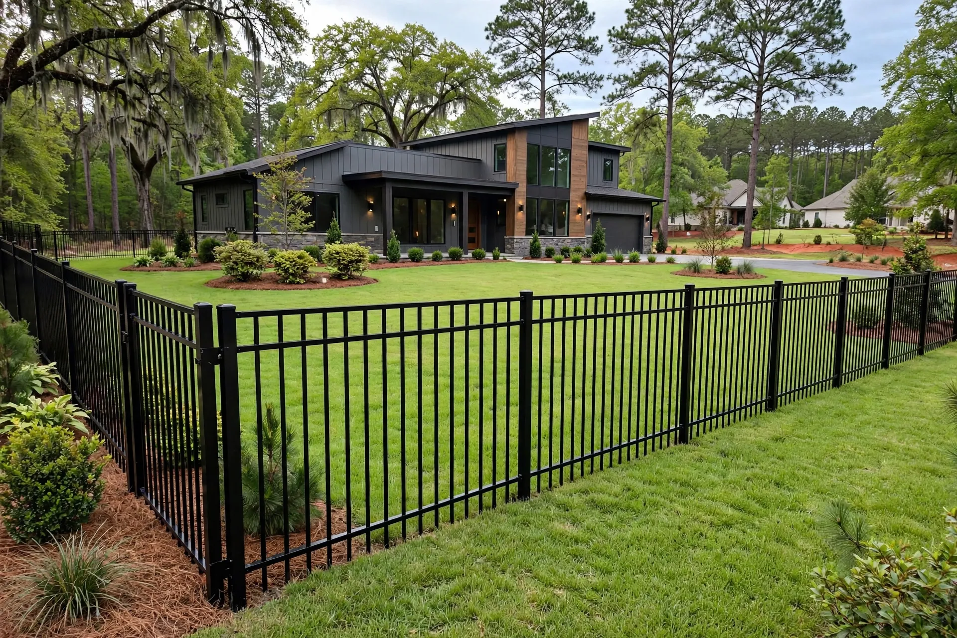 Dog standing in front of a metal fence