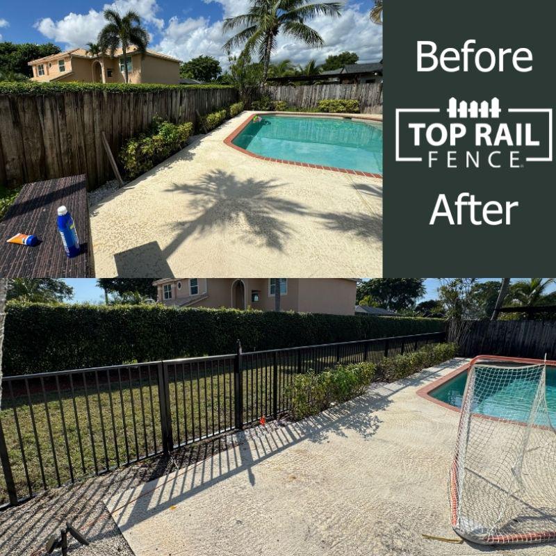 Before and after image of an aluminum fence installation job