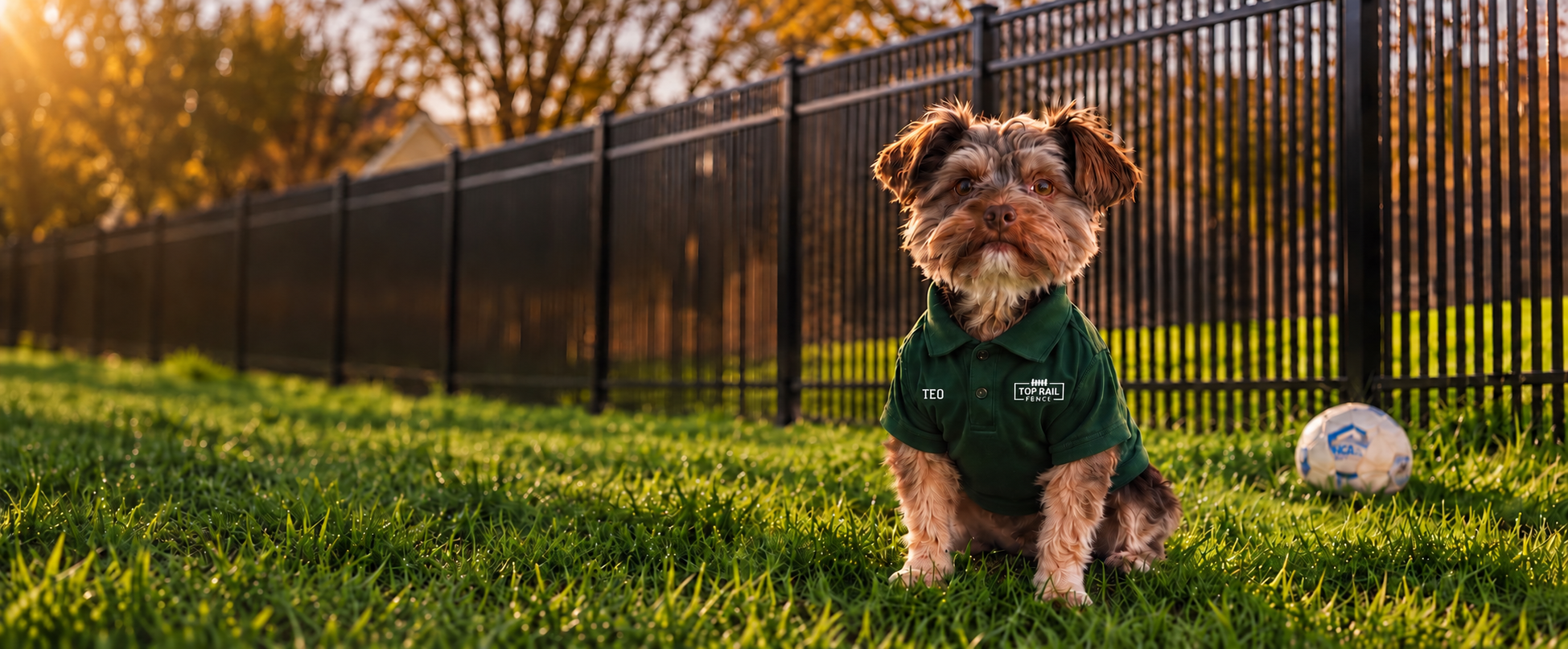 dog in front of ornamental metal fence wearing a top rail fence polo