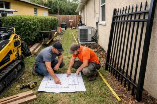 Work around Clearwater's narrow side yards by mapping equipment access before the first metal fence section arrives