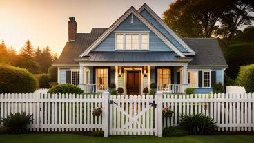 A white vinyl picket fence in front of a home
