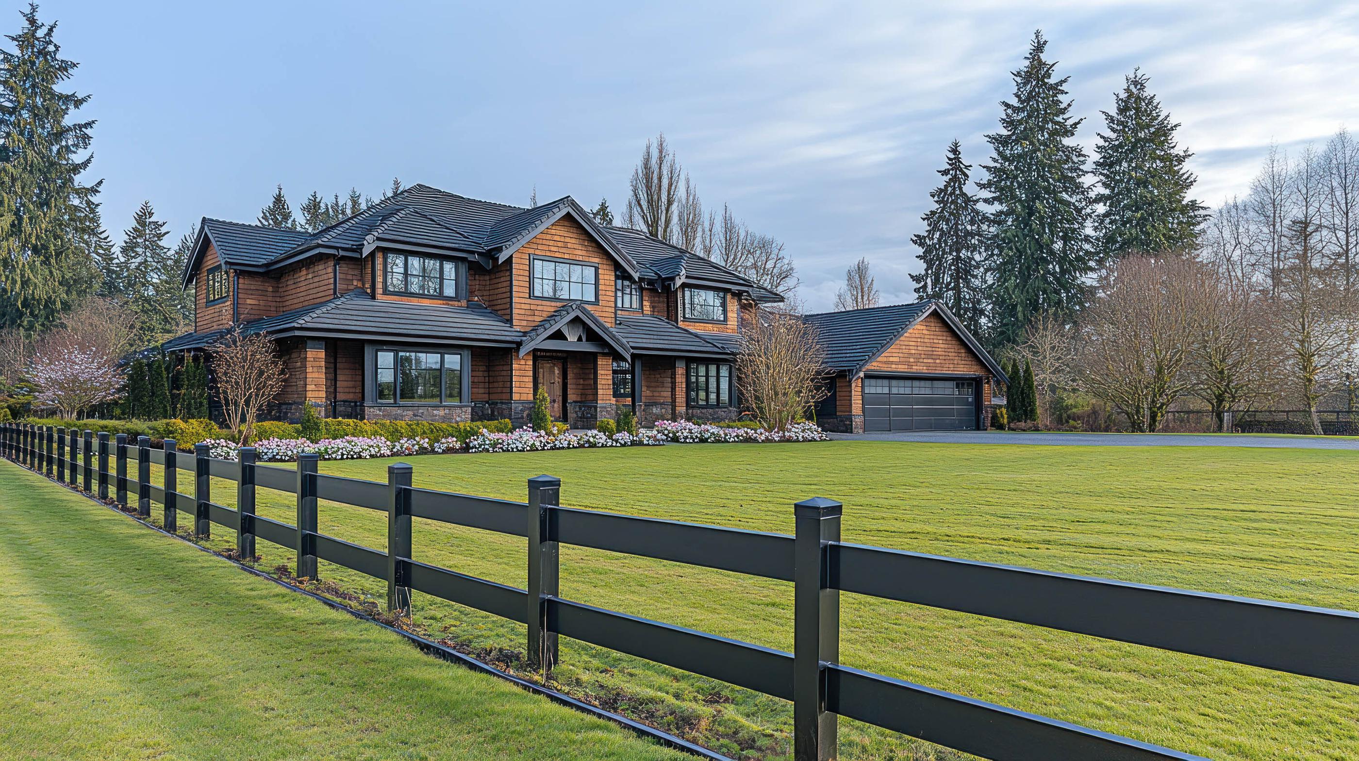aluminum metal post and rail fence around a home