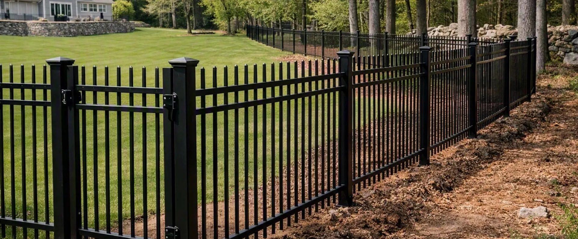 Dog standing in front of a metal fence