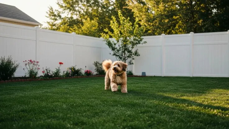dog in white fenced yard