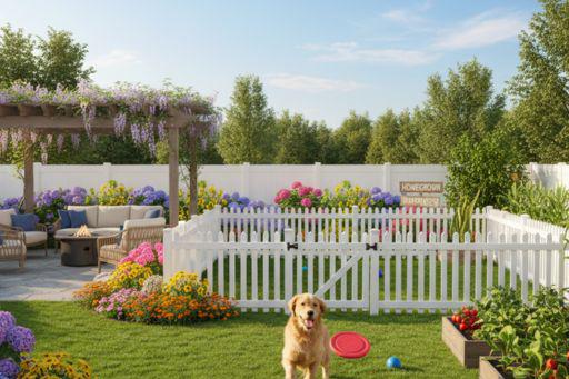 Dog playing in a fenced in backyard with an interior dog run