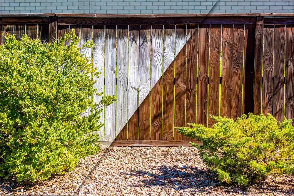transition photo showing fence staining before and after