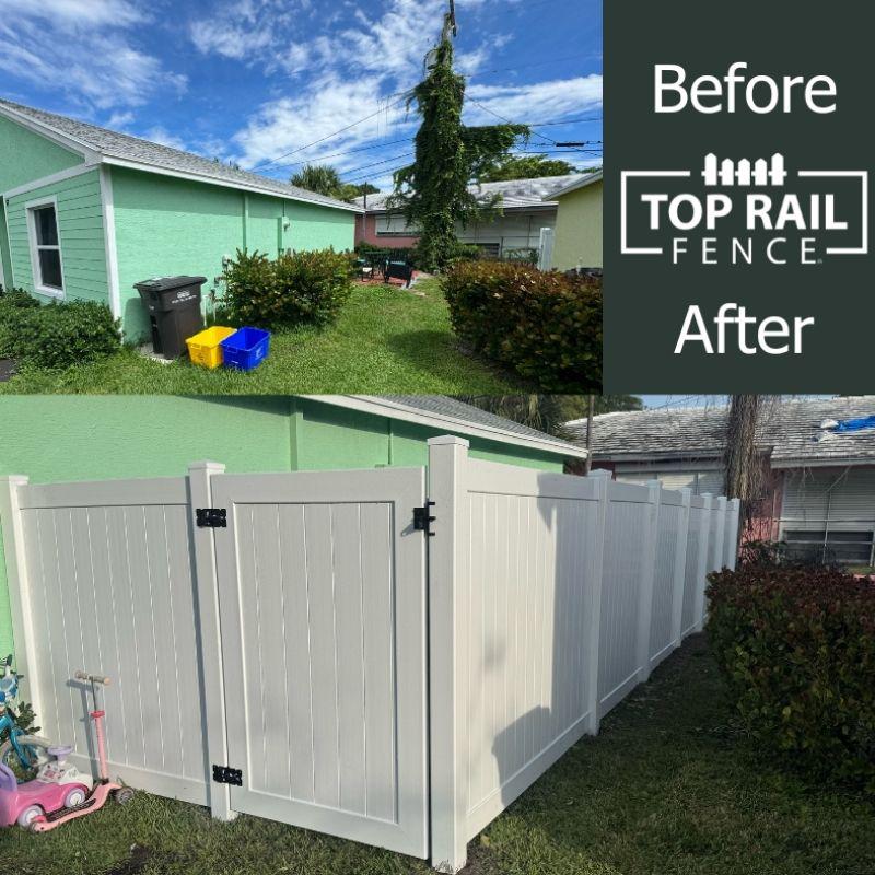Before and after of a vinyl fence installation
