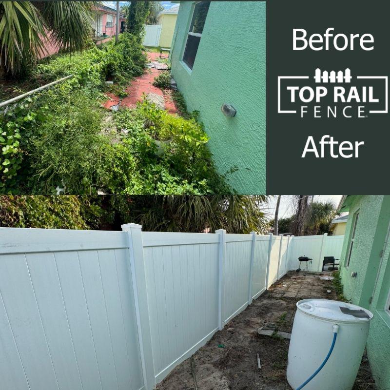 Before and after of a vinyl fence installation