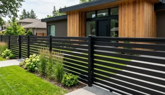 horizontal semi-privacy steel fence in front of a home