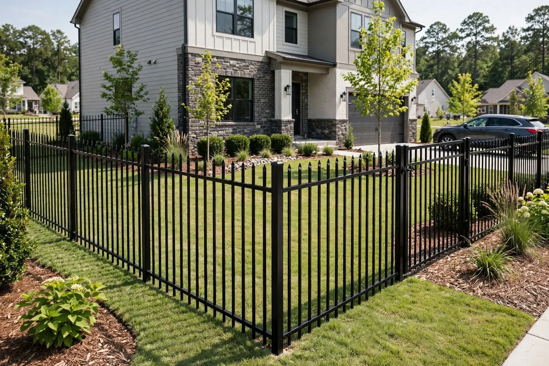Dog standing in front of a metal fence