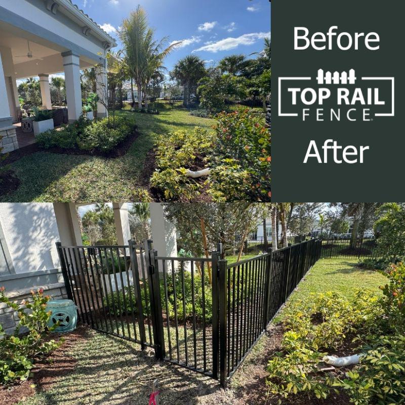 before and after of aluminum fence install by Top Rail Fence