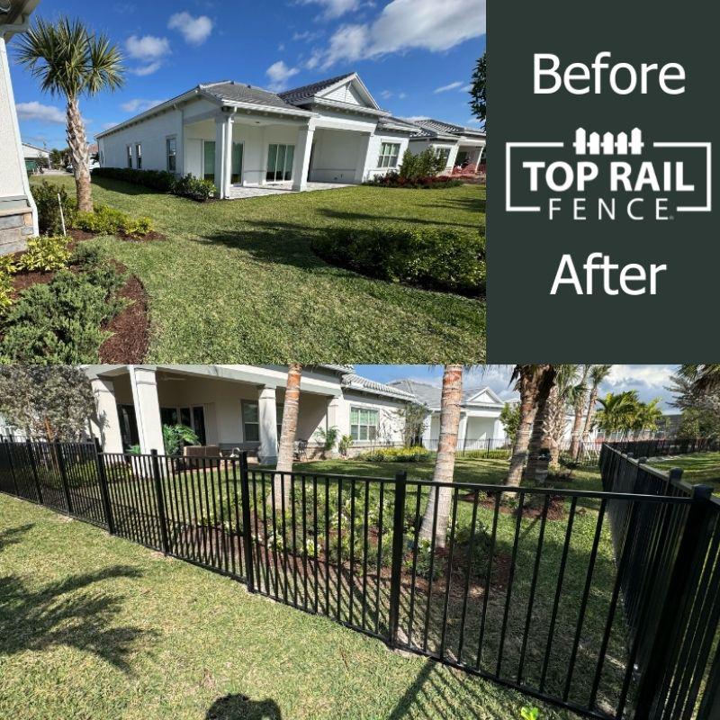 before and after of aluminum fence install by Top Rail Fence
