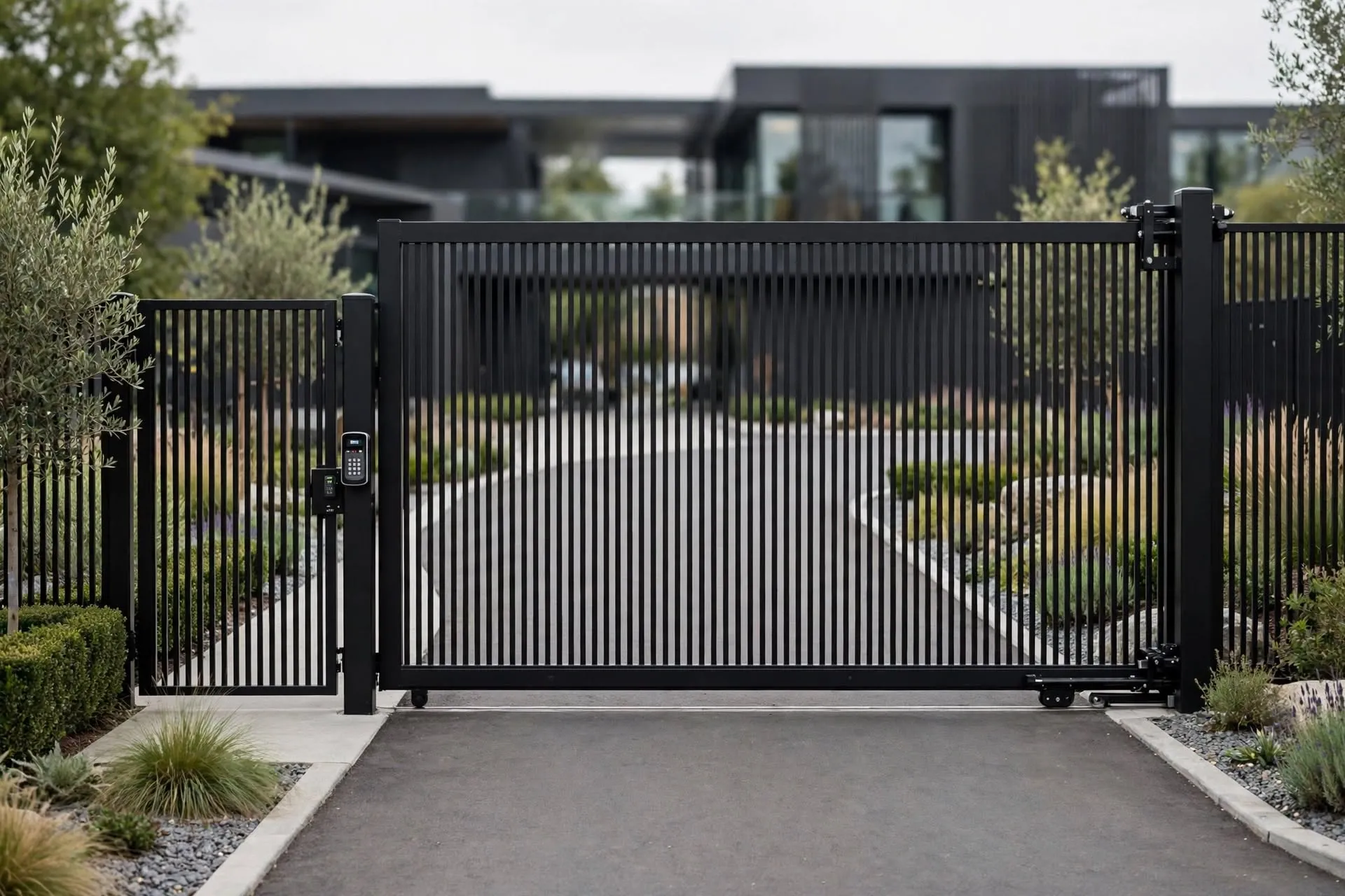 Give your Media property a more cohesive entrance by coordinating metal fence sections, gates, and pedestrian access