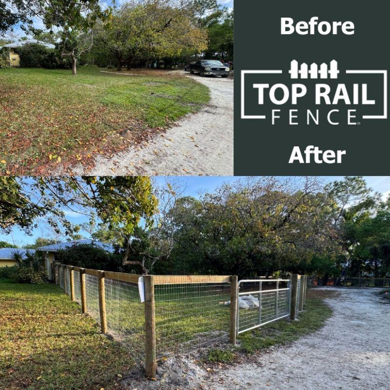 Before and after of a no climb horse wire fence