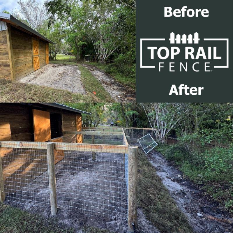 Before and after of a no climb horse wire fence with home