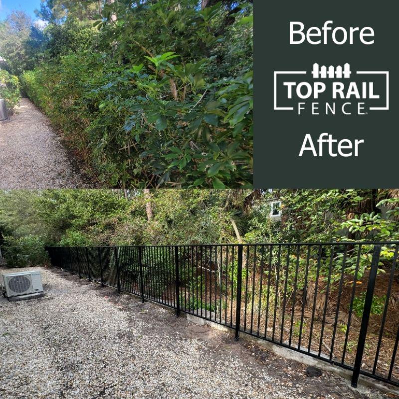 Before and after of a aluminum metal fence install from Top Rail Fence