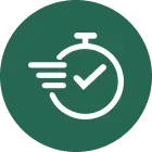 Green stopwatch icon with motion lines and a checkmark