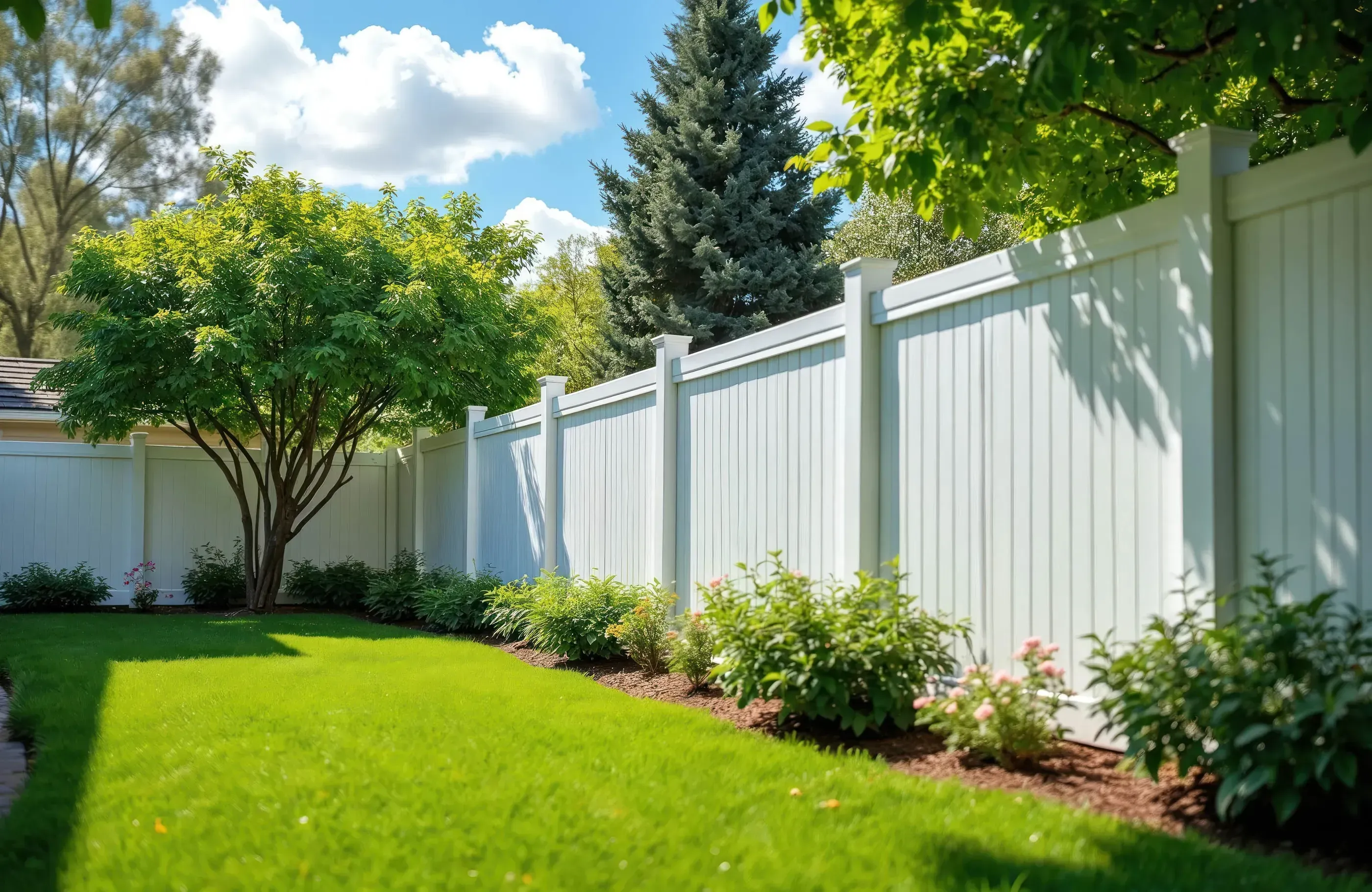 backyard with a white vinyl fence 
