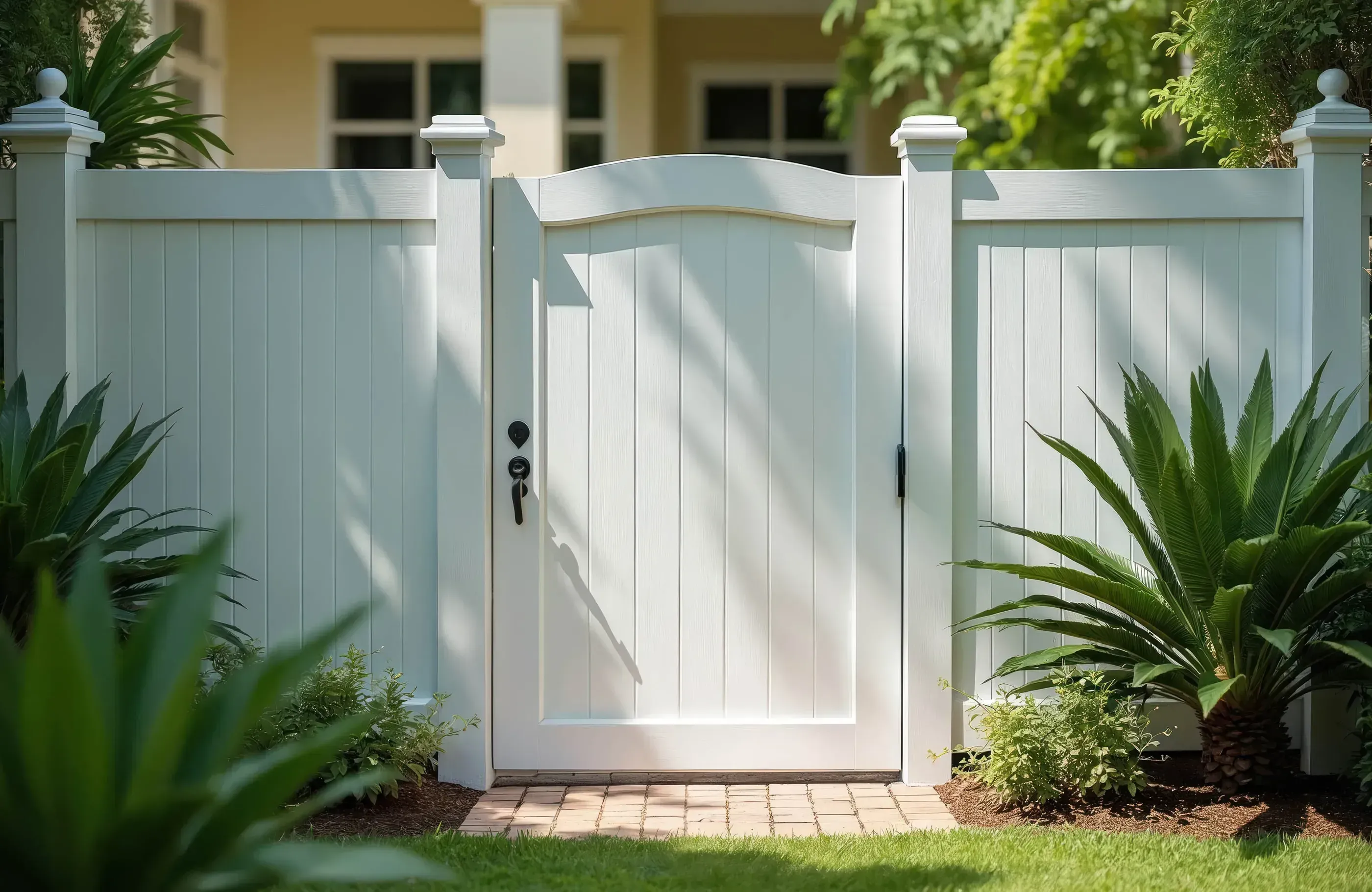 A white fence with a gate