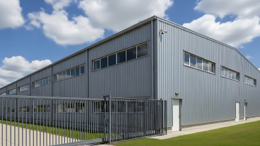 A commercial building with a metal fence