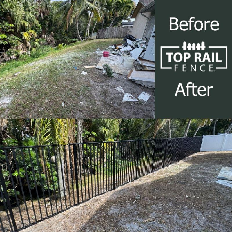before and after of a aluminum fence install by Top Rail Fence