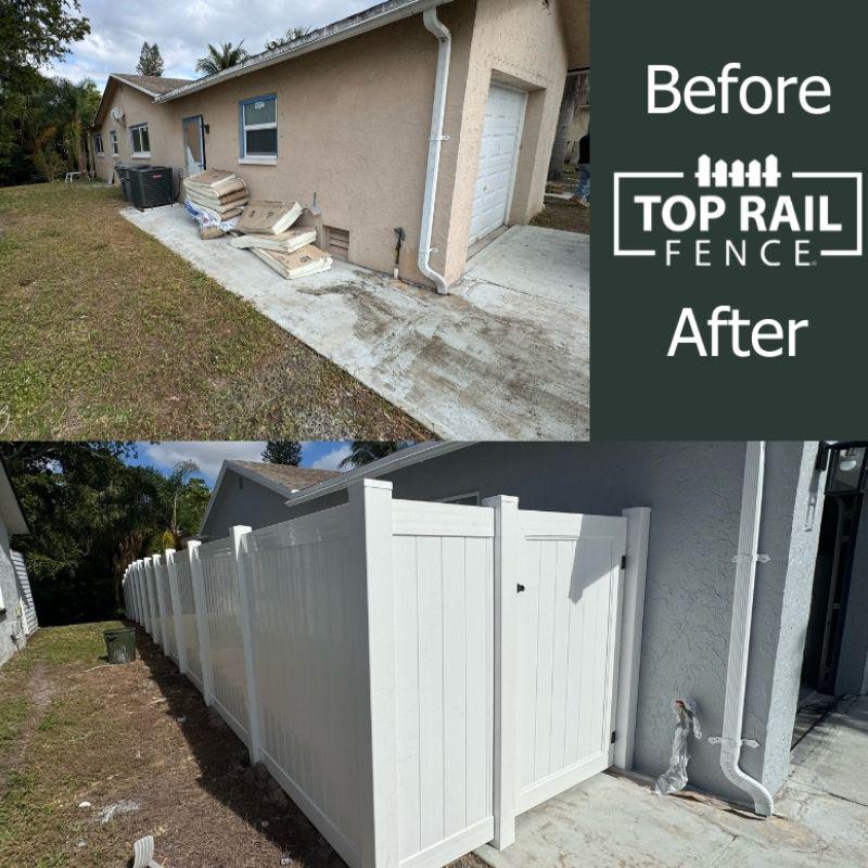 before and after of a vinyl fence install by Top Rail Fence