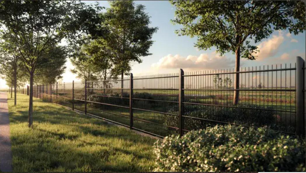 Metal fencing lines that shift visual boundaries across wind-exposed Holland properties