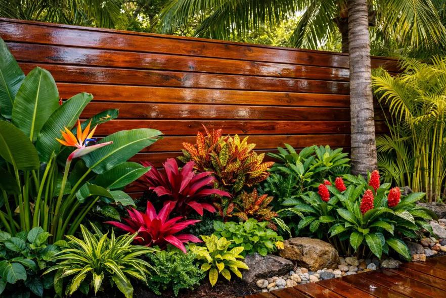 Wood fencing used as a background element to make tropical landscaping stand out in Fort Lauderdale