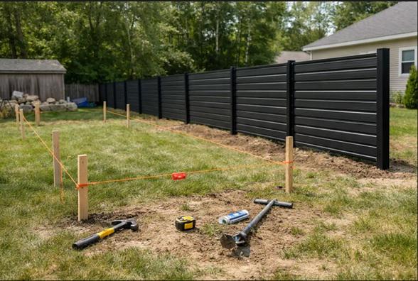 Fence installation in Bridgewater: testing backyard ideas with stakes and string before the first post goes in