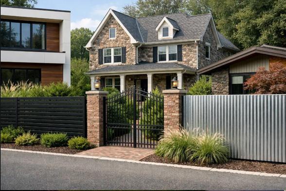 The case for mixing metal fence textures around Media homes with distinct architectural styles