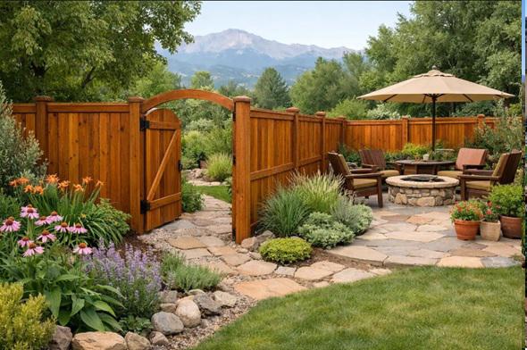 Creating natural transitions between gardens and gathering spaces with wood fencing in Colorado Springs