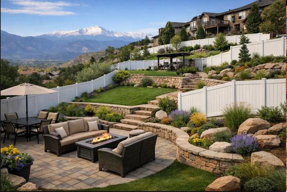 Building a cohesive outdoor design with vinyl fencing and terraced Colorado Springs properties