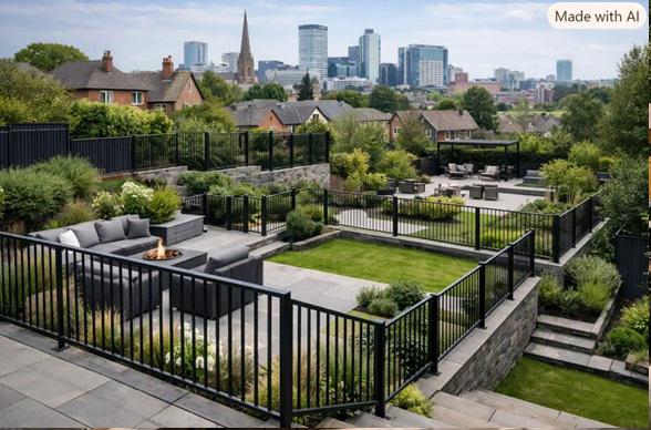 Metal fencing supports cleaner sightlines across Birmingham properties with layered outdoor spaces