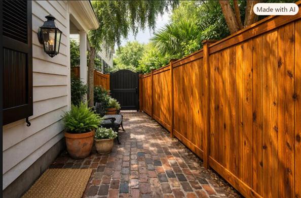 Privacy fencing can turn an unused Charleston side yard into a practical outdoor passage