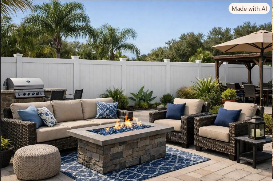 Vinyl fencing creates a polished backdrop for outdoor living spaces across Volusia County