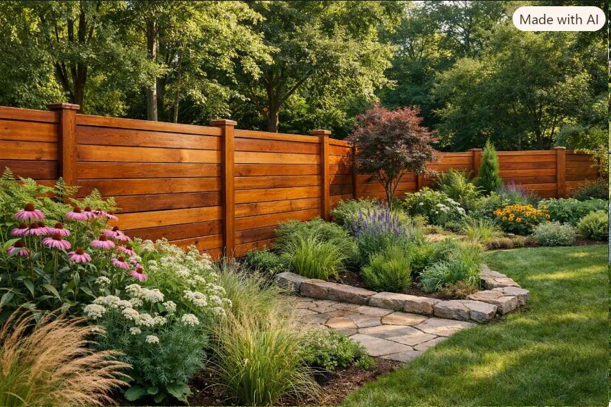 Wood fencing can turn the edge of a Media garden into part of the landscape instead of simply marking a boundary