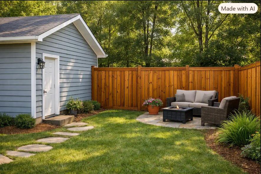 Wood fencing can make the space behind a Wilmington garage feel like part of the yard rather than leftover property