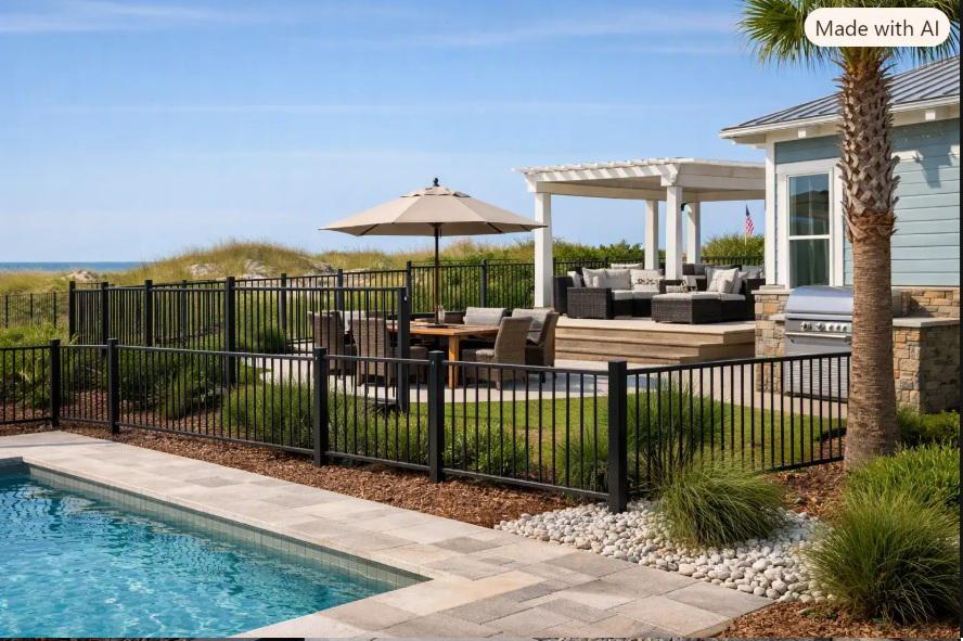 Give Florida Panhandle properties a stronger visual hierarchy by varying metal fence heights between key outdoor areas