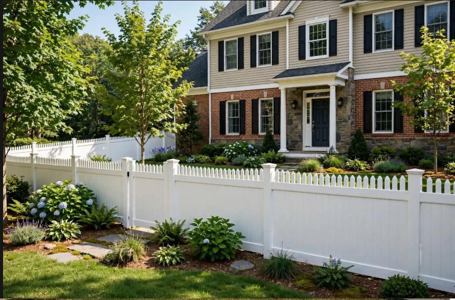 Choosing a Columbia vinyl fence style that complements brick, siding, stone, and other established exterior materials
