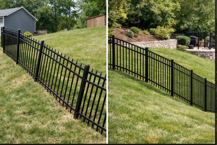 Metal fence line distortion on sloped Charlottesville lots and how installers solve it