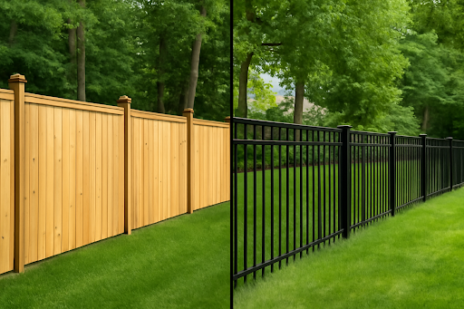 Dog standing in front of a metal fence