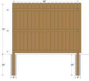 Drawing of a wood fence with proper measurements