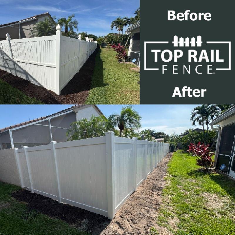 white vinyl fence installed by top rail fence