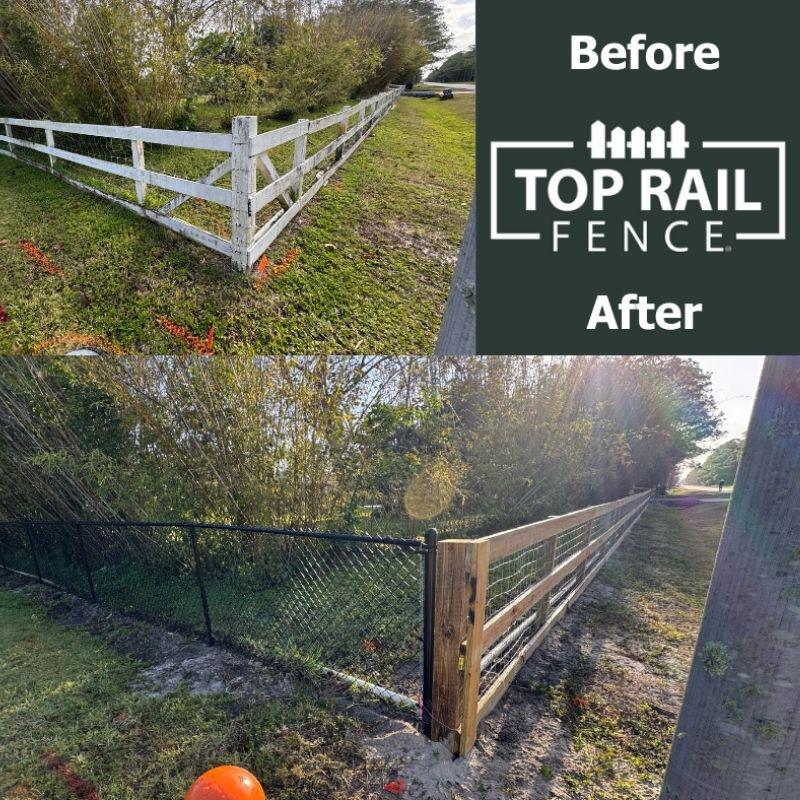 ranch rail and black chain link fence installed by Top Rail Fence