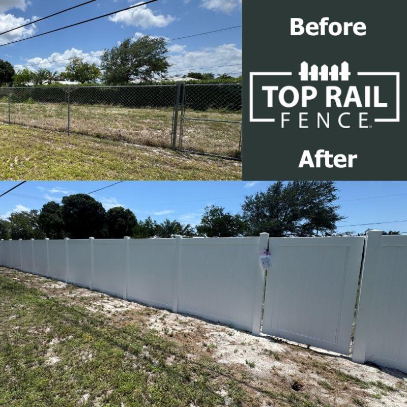 white privacy vinyl fence installed by Top Rail Fence